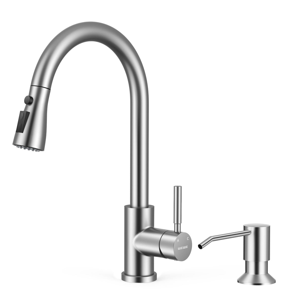 WEWE High-Arc Pull-Down Kitchen Faucet, Brushed Nickel, 3-Mode Sprayer