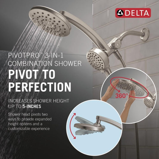 Delta 6-Setting PivotPro 3-in-1 Combination Shower Head with ProClean Spray, Brushed Nickel Round Shower Head Rainfall with Handheld Spray, 1.75 GPM, SpotShield Brushed Nickel 75649SN