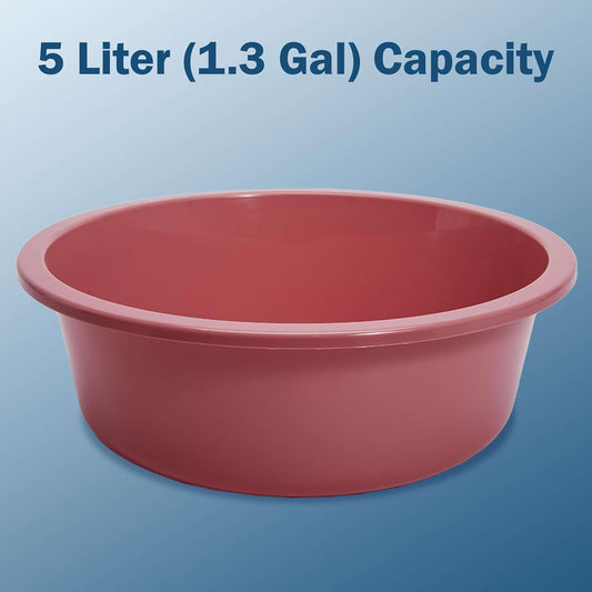 Plastic Wash Basin - 5 Pack of 5 Liter Round Plastic Tub with Rolled Rim - Good for Washing Veggies, Laundry, and Hands and Feet - Good for Hospitals, Nursing Homes, and Medical Facilities