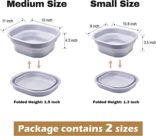 Collapsible Wash Basin Set of 2, Foldable Small Medium Size Wash Basin, Portable Plastic Basins for Laundry, Bottles, Travel, Camping (Light Blue)