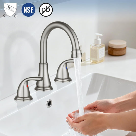 Brushed Nickel Widespread Bathroom Sink Faucet, 3 Hole 8 Inch