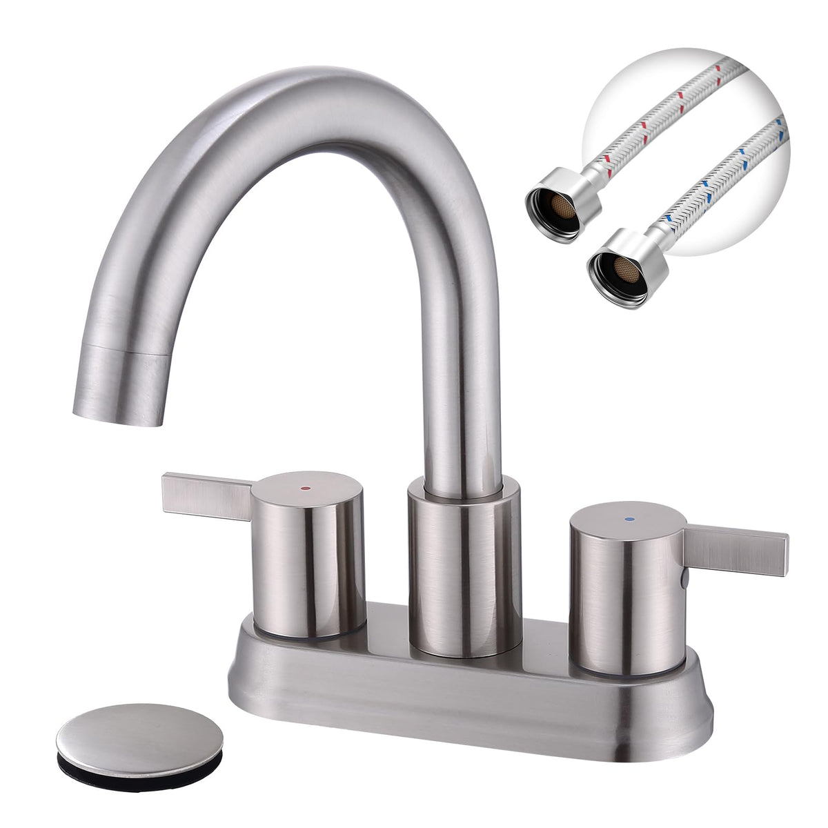 Two Handle 4 inch Black Bathroom Faucet, Bathroom Sink Faucet for 3 Holes with Pop-up Drain and 2 Supply Hoses, Lead-Free