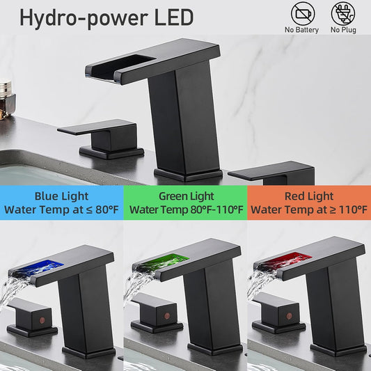 AVSIILE LED Bathroom Faucet 3 Hole, Matte Black Waterfall Bathroom Faucets