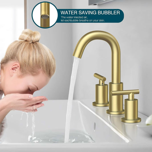 TRUSTMI Brushed Gold Bathroom Faucet 3 Hole 8 Inch Widespread, Swivel Spout