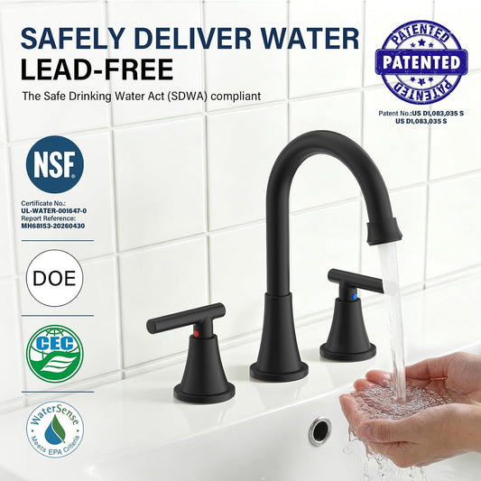 Bathroom Faucet 3 Hole, Matte Black Faucets with Drain and Supply Lines