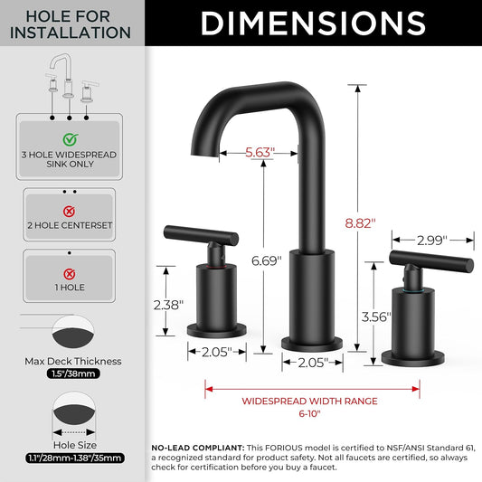 FORIOUS Bathroom Sink Faucet 3 Hole Widespread 8 Inch 2 Handle Matte Black