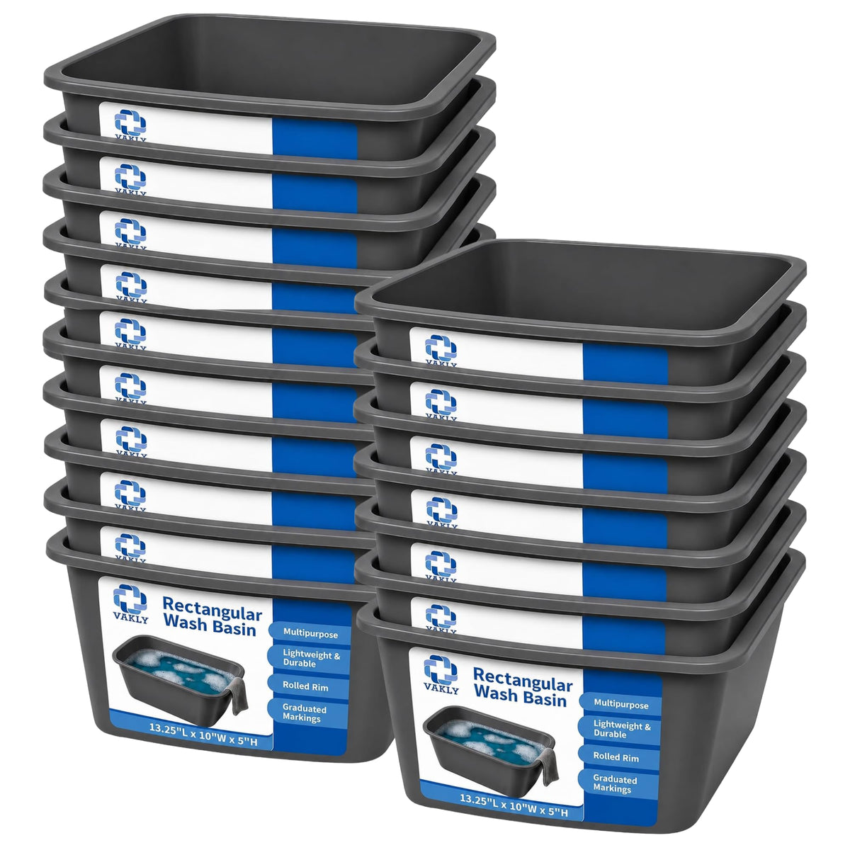 Vakly Plastic Wash Basin, 7 Qt, Rectangular, Graduated, 20 Pack