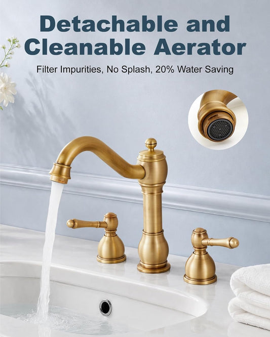 Aolemi Widespread Bathroom Sink Faucet 3 Hole Metal Lever Antique Brass