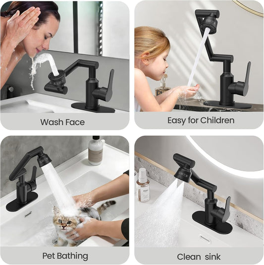 Matte Black 1080° Rotatable Bathroom Faucet, 4 Modes Stainless Steel 1 Hole