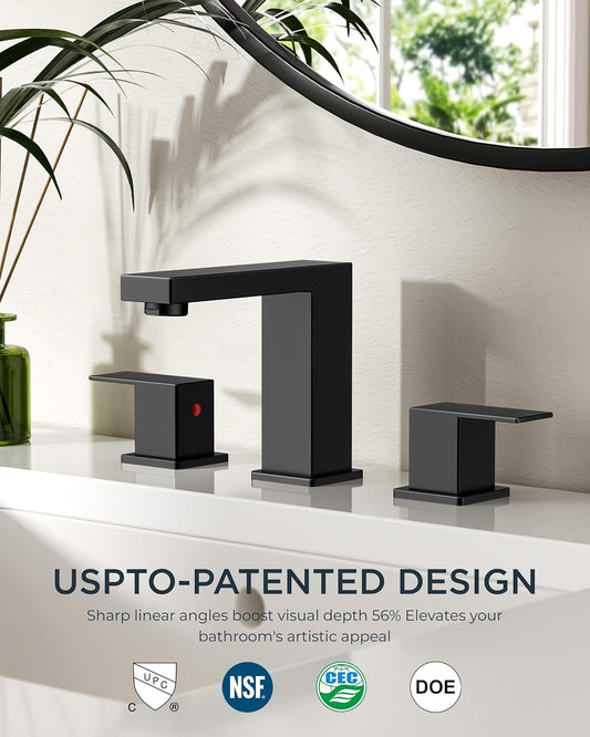 FORIOUS Black Bathroom Faucet 3 Hole, Matte Black Bathroom Sink Faucet Wide