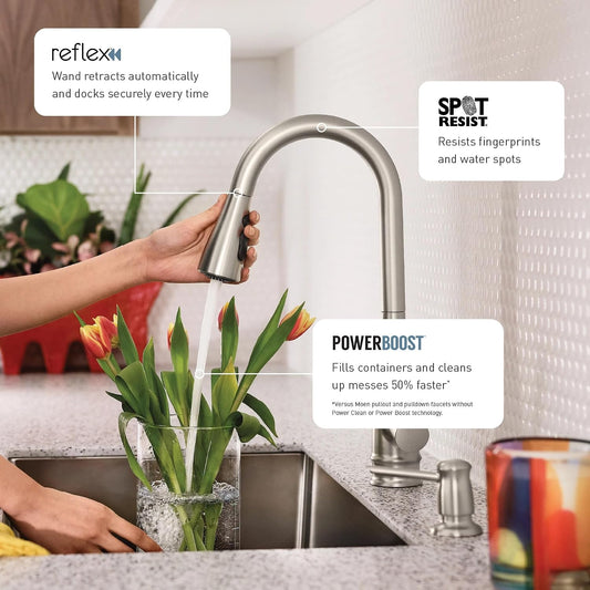 Moen Orivesi Stainless Pulldown Kitchen Faucet with Power Boost, Transitional Kitchen Faucet, One-Handle Single Hole High Arc, Easy Installation, Spot Resist Finish, 87891SRS