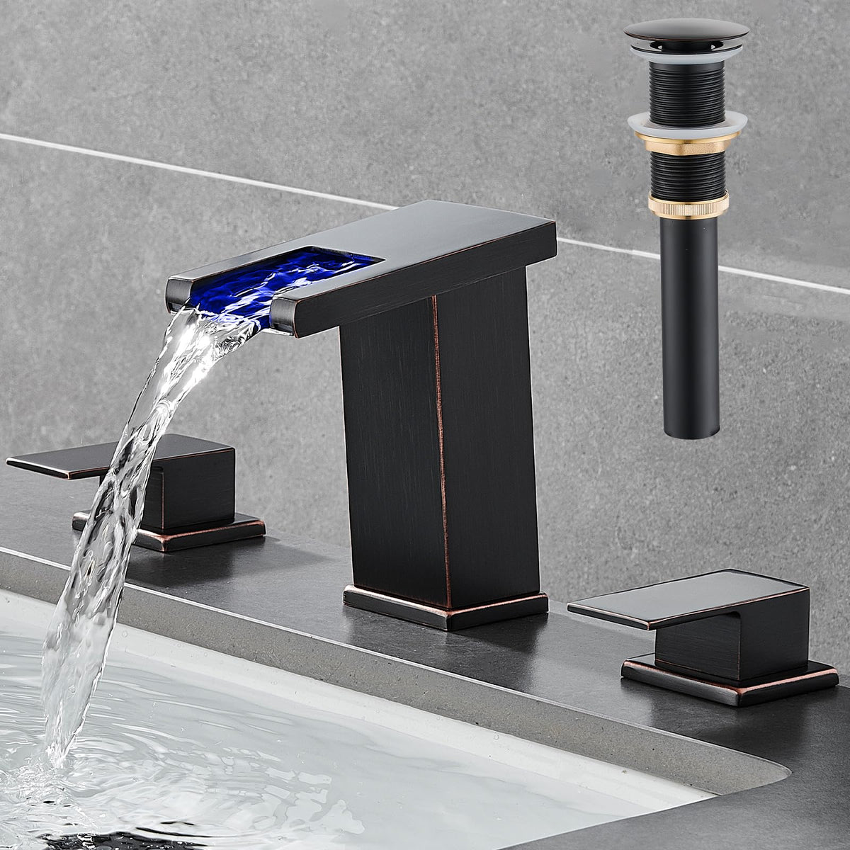 AVSIILE LED Bathroom Faucet 3 Hole, Matte Black Waterfall Bathroom Faucets