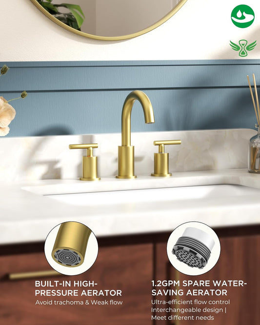 FORIOUS 8 Inch Brushed Gold Bathroom Faucet 3 Hole, Widespread Gold Faucet