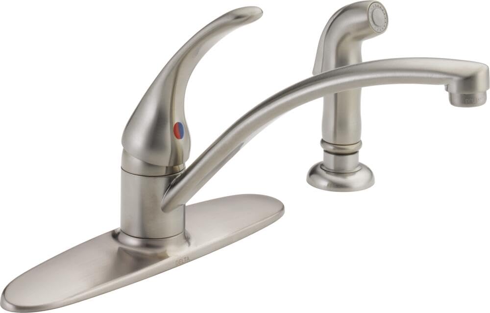 Delta Foundations Chrome Kitchen Faucet with Side Sprayer, Contemporary 4 Hole Kitchen Sink Faucet, Single Handle, Chrome B4410LF
