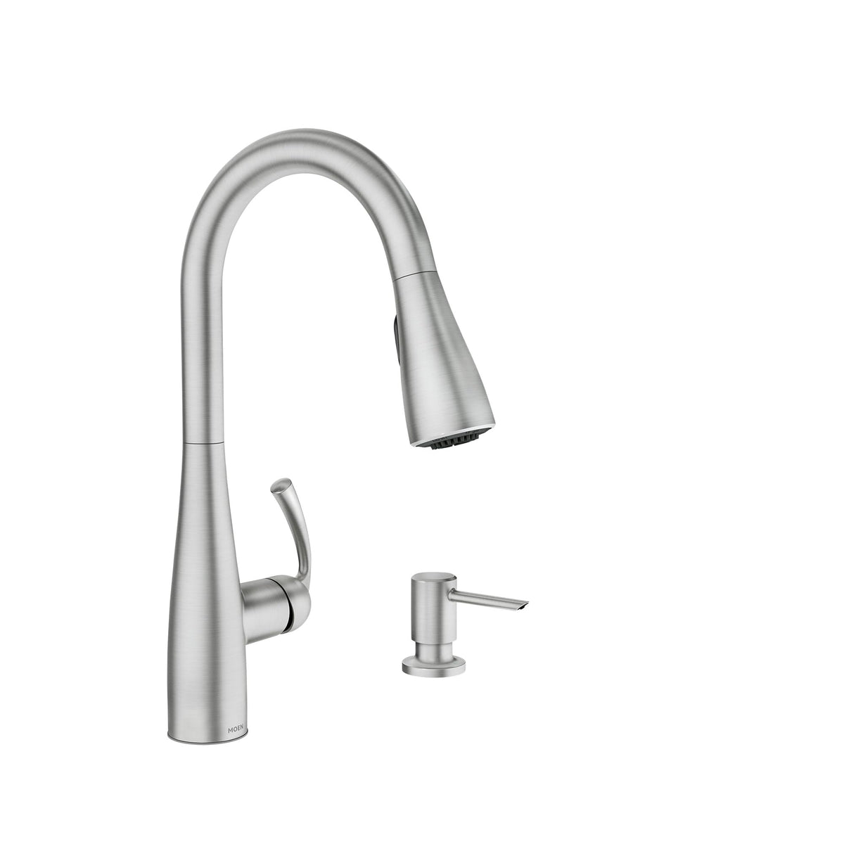 Moen Essie Spot Resist Stainless Pulldown Sprayer Kitchen Sink Faucet Set with Modern Pump Soap Dispenser, 87014SRS