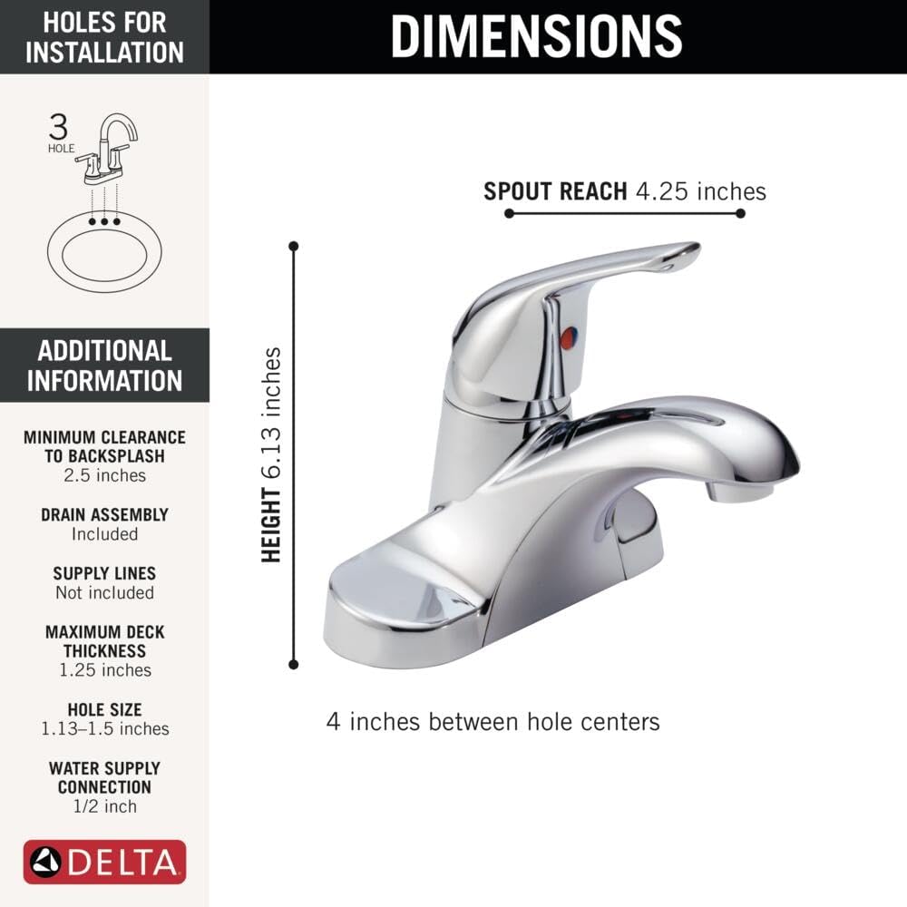 Delta Foundations Centerset Chrome Bathroom Faucet, 4 Inch 3 Hole Bathroom Sink Faucet for Vanity, Metal Push-Pop Drain Assembly, Chrome B501LF