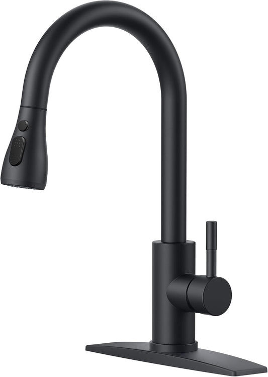 FORIOUS Black Kitchen Faucet with Pull Down Sprayer, Stainless Steel