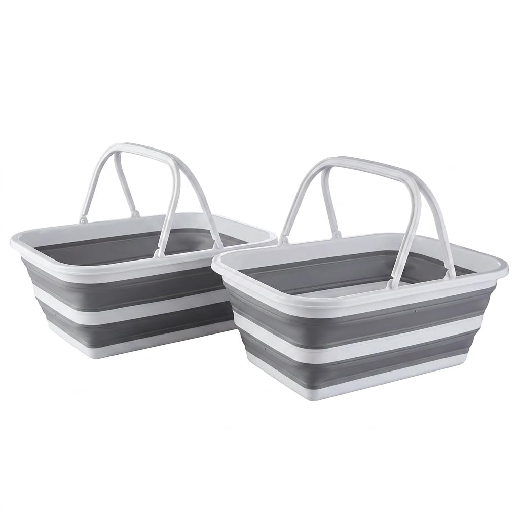 Monozuki Collapsible Sink 4.8Gal/18.1L, Heavy Duty Foldable Basin with Handles for Camping, Car Wash, Kitchen – Also Use as Storage Basket for Home, Garage, RV(Grey)