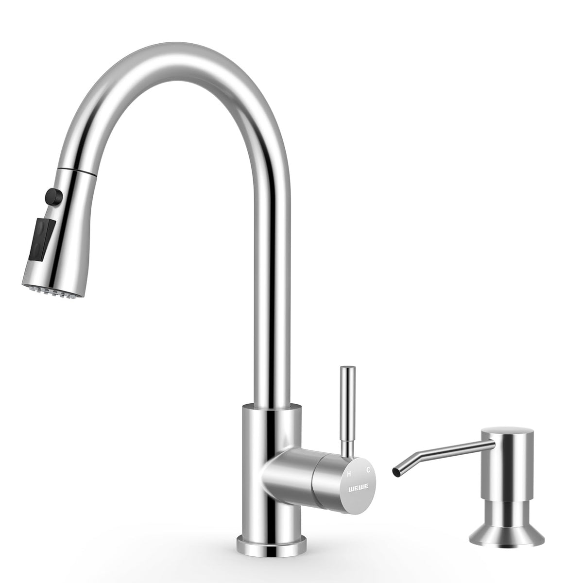 WEWE High-Arc Pull-Down Kitchen Faucet, Brushed Nickel, 3-Mode Sprayer