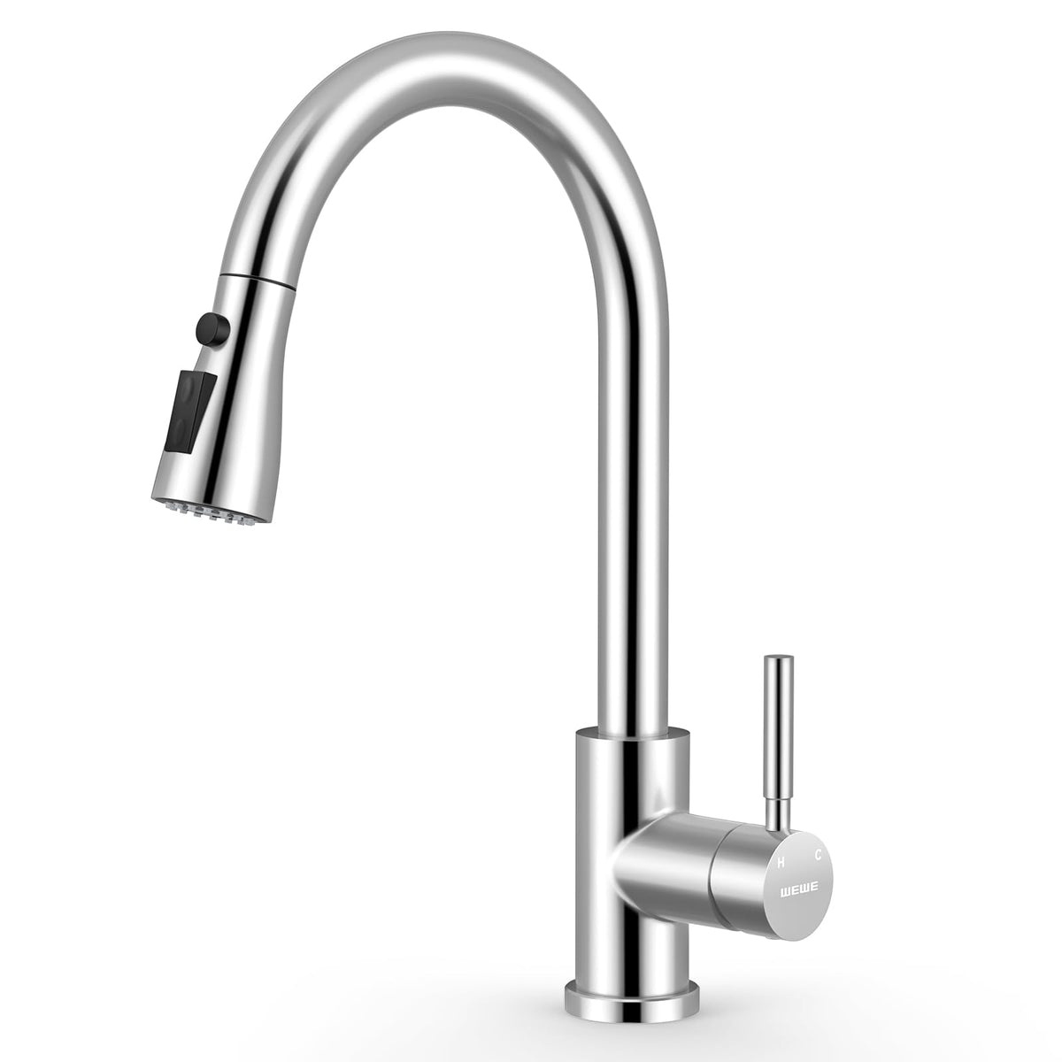 WEWE High-Arc Pull-Down Kitchen Faucet, Brushed Nickel, 3-Mode Sprayer