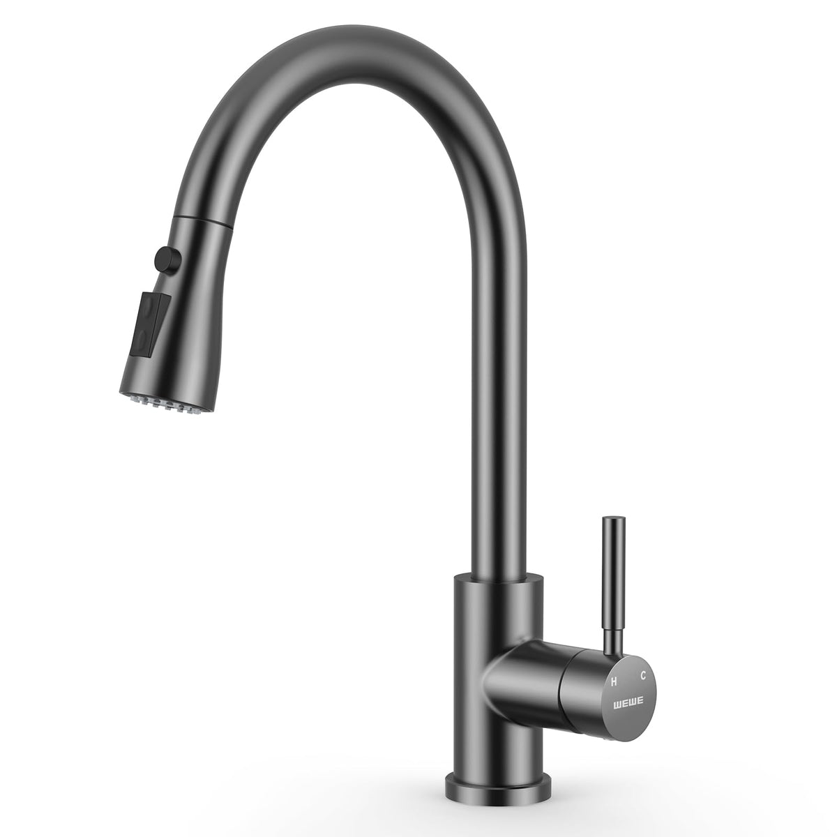 WEWE High-Arc Pull-Down Kitchen Faucet, Brushed Nickel, 3-Mode Sprayer
