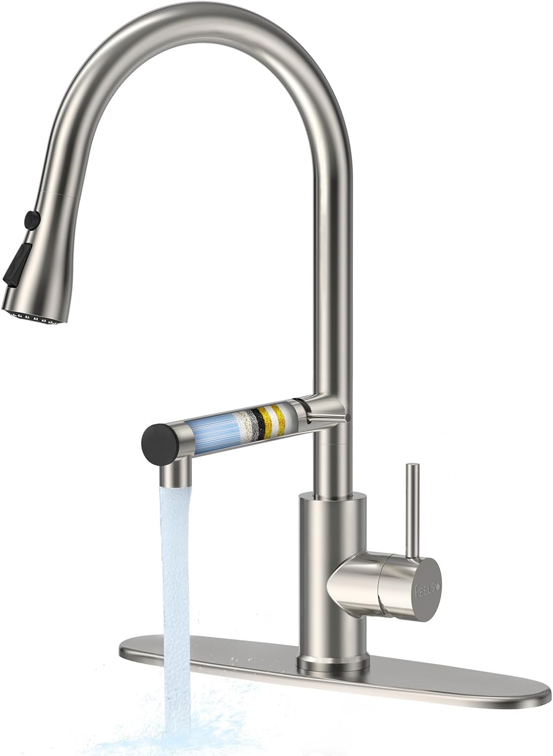 FEELSO Filter Water Kitchen Faucets, Pull Down Sprayer, Brushed Nickel