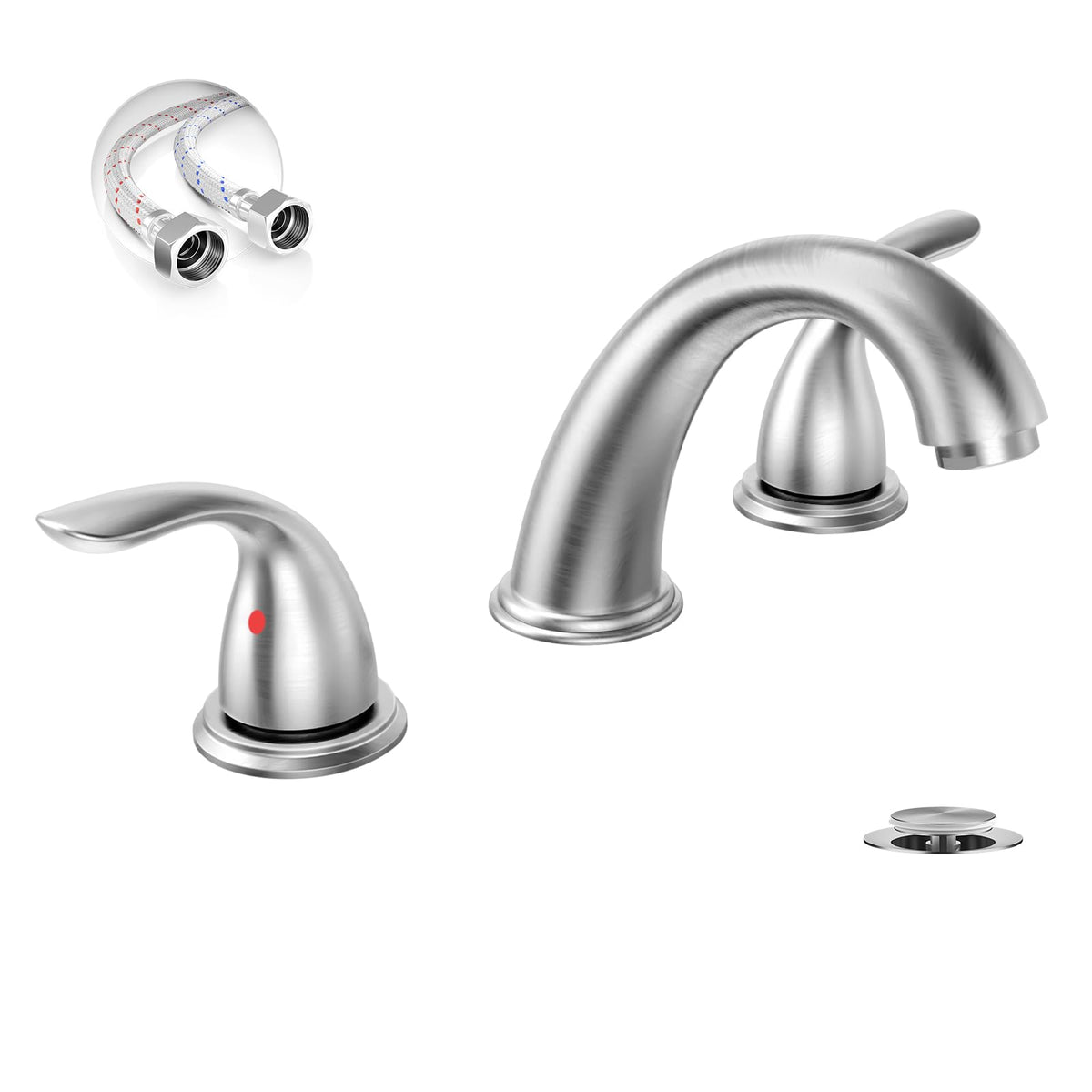 Phiestina 8 Inch 2 Handles 3 Holes Deck Mount Brushed Nickel Widespread Bathroom Faucet, with Stainless Steel Pop Up Drain, WF008-5-BN