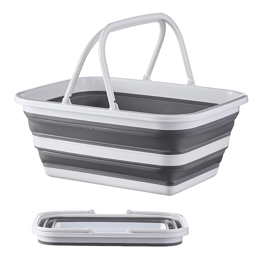 Monozuki Collapsible Sink 4.8Gal/18.1L, Heavy Duty Foldable Basin with Handles for Camping, Car Wash, Kitchen – Also Use as Storage Basket for Home, Garage, RV(Grey)