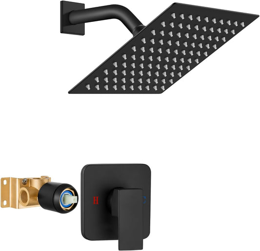 Heyalan 8 Inch Square Rain Shower Faucet Set with Valve, Matte Black