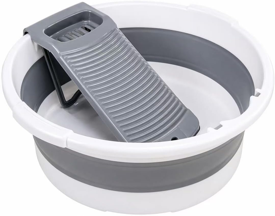 Fold Washboard Basin for Hand Washing Clothes,Non-Slip Washtub with Integrated Washboard for Hand Wash Laundry Household (Grey)