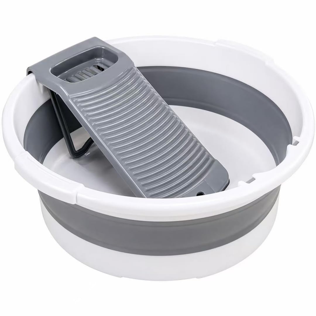 Fold Washboard Basin for Hand Washing Clothes,Non-Slip Washtub with Integrated Washboard for Hand Wash Laundry Household (Grey)