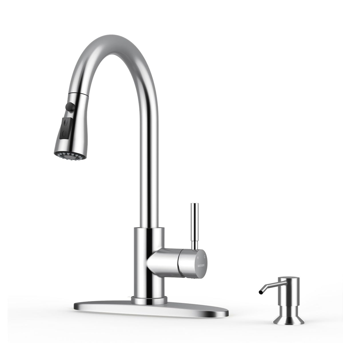 WEWE High-Arc Pull-Down Kitchen Faucet, Brushed Nickel, 3-Mode Sprayer