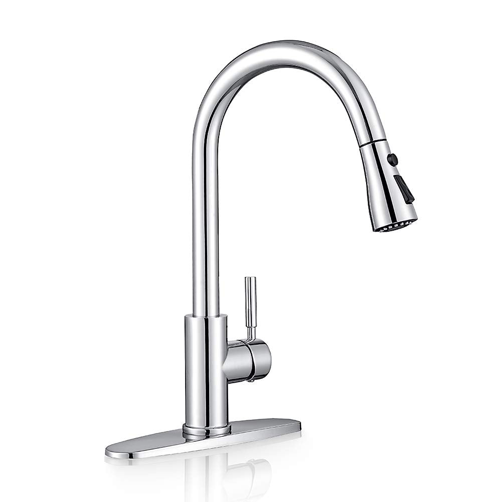 WEWE High-Arc Pull-Down Kitchen Faucet, Brushed Nickel, 3-Mode Sprayer