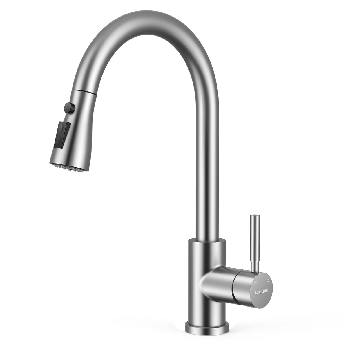 WEWE High-Arc Pull-Down Kitchen Faucet, Brushed Nickel, 3-Mode Sprayer