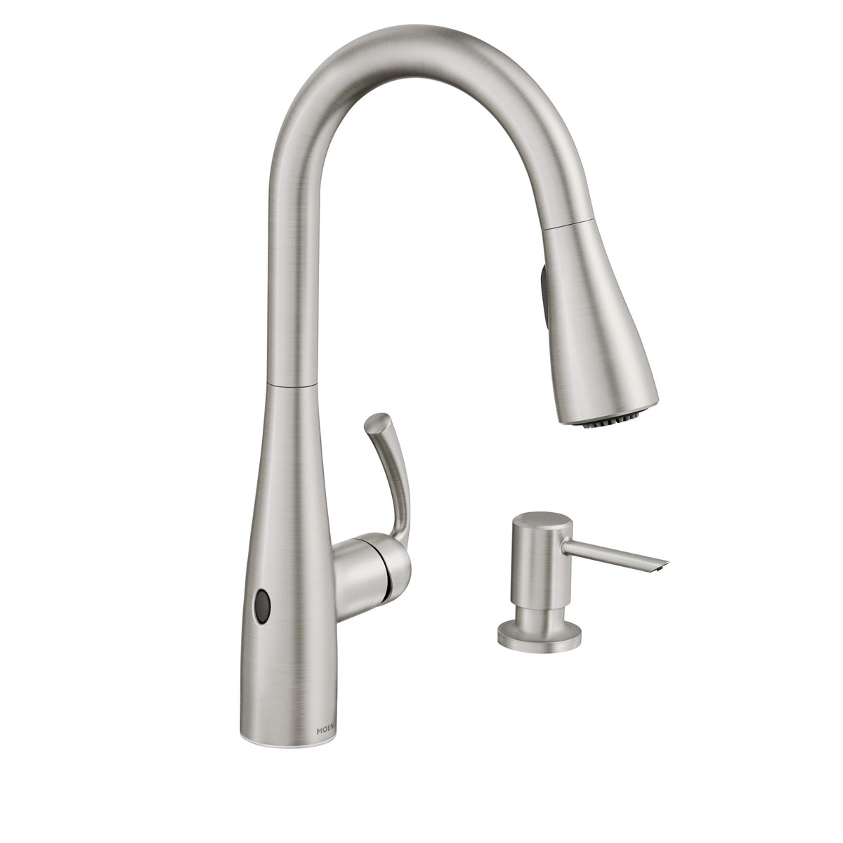 Moen Essie Spot Resist Stainless Pulldown Sprayer Kitchen Sink Faucet Set with Modern Pump Soap Dispenser, 87014SRS