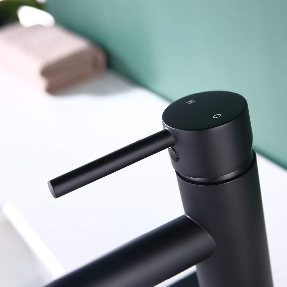 Single Handle Black Bathroom Faucet with Metal Drain Assembly and Escutcheon, Matte Black (Matte Black-JO1)