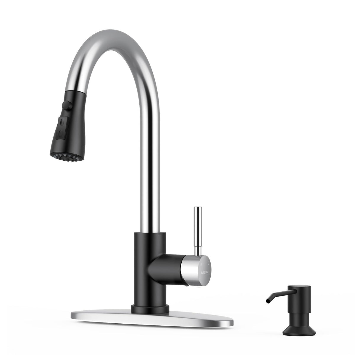 WEWE High-Arc Pull-Down Kitchen Faucet, Brushed Nickel, 3-Mode Sprayer