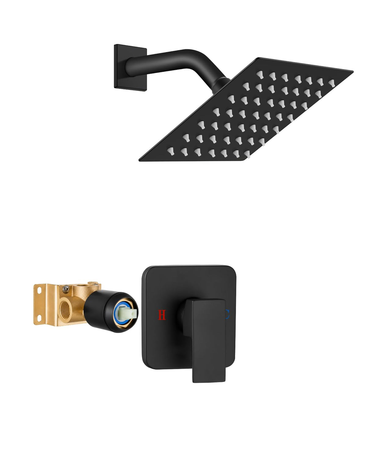 Heyalan 8 Inch Square Rain Shower Faucet Set with Valve, Matte Black