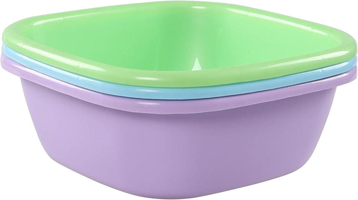 Hespama 3-Pack 8 Quart Plastic Square Washbasin, Colorful Small Dishpan Tub