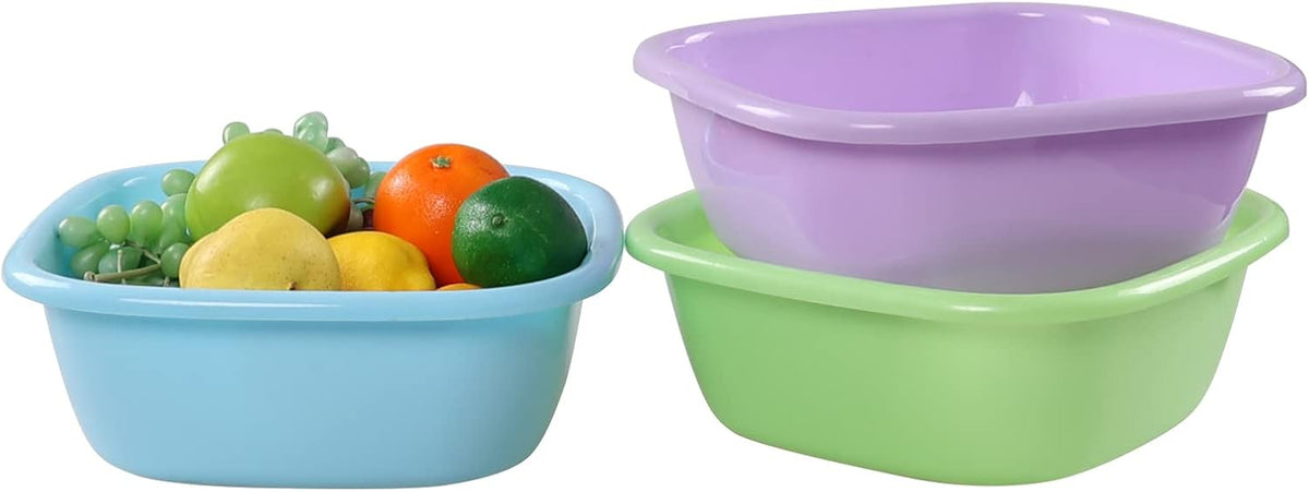 Hespama 3-Pack 8 Quart Plastic Square Washbasin, Colorful Small Dishpan Tub
