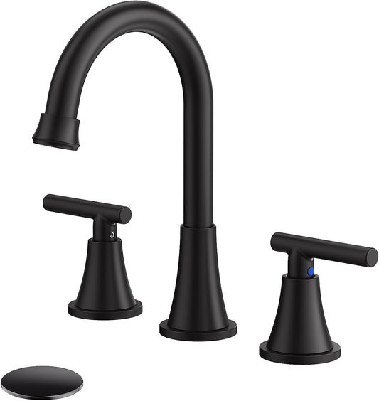 Bathroom Faucet 3 Hole, Matte Black Faucets with Drain and Supply Lines