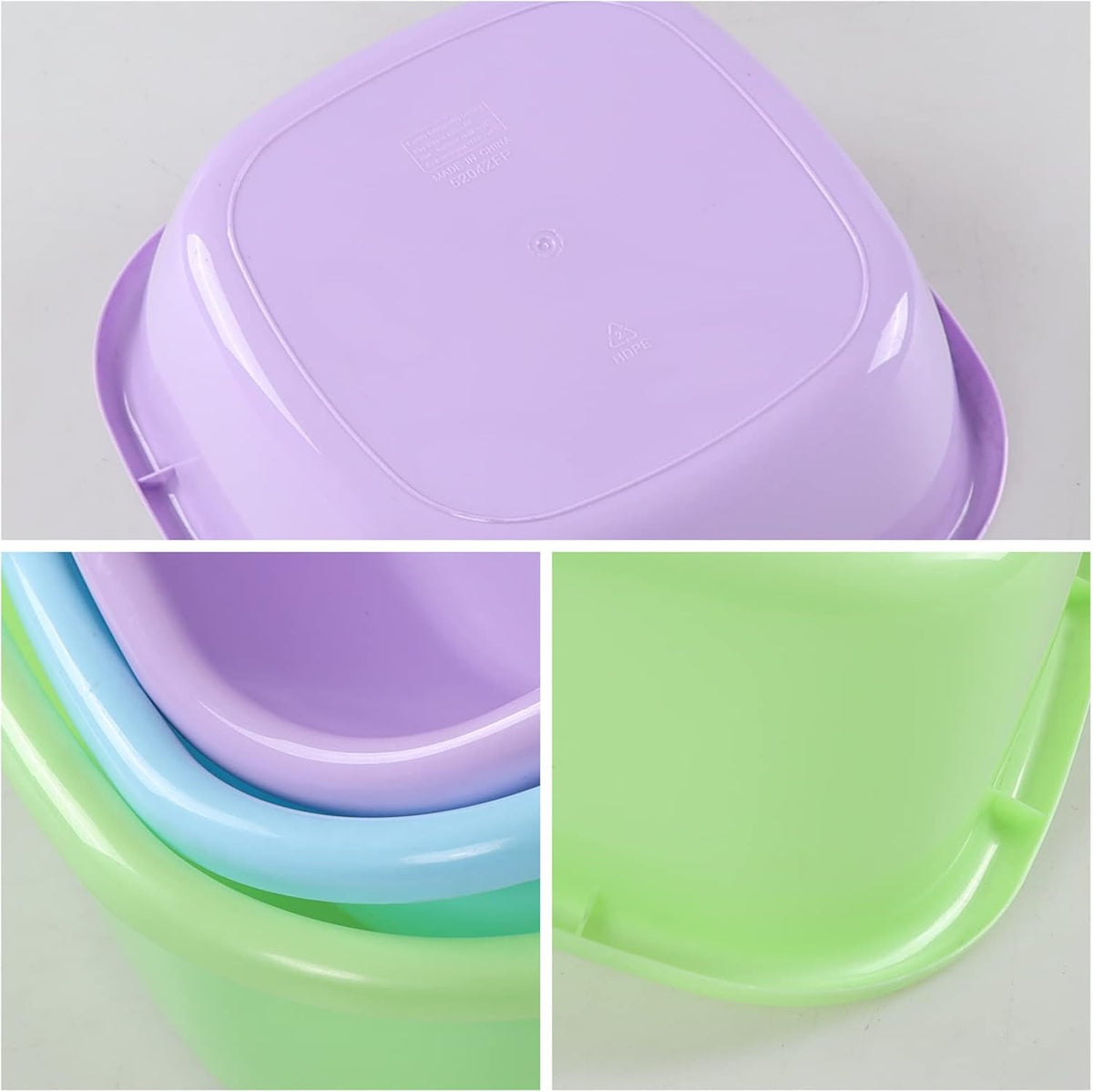 Hespama 3-Pack 8 Quart Plastic Square Washbasin, Colorful Small Dishpan Tub
