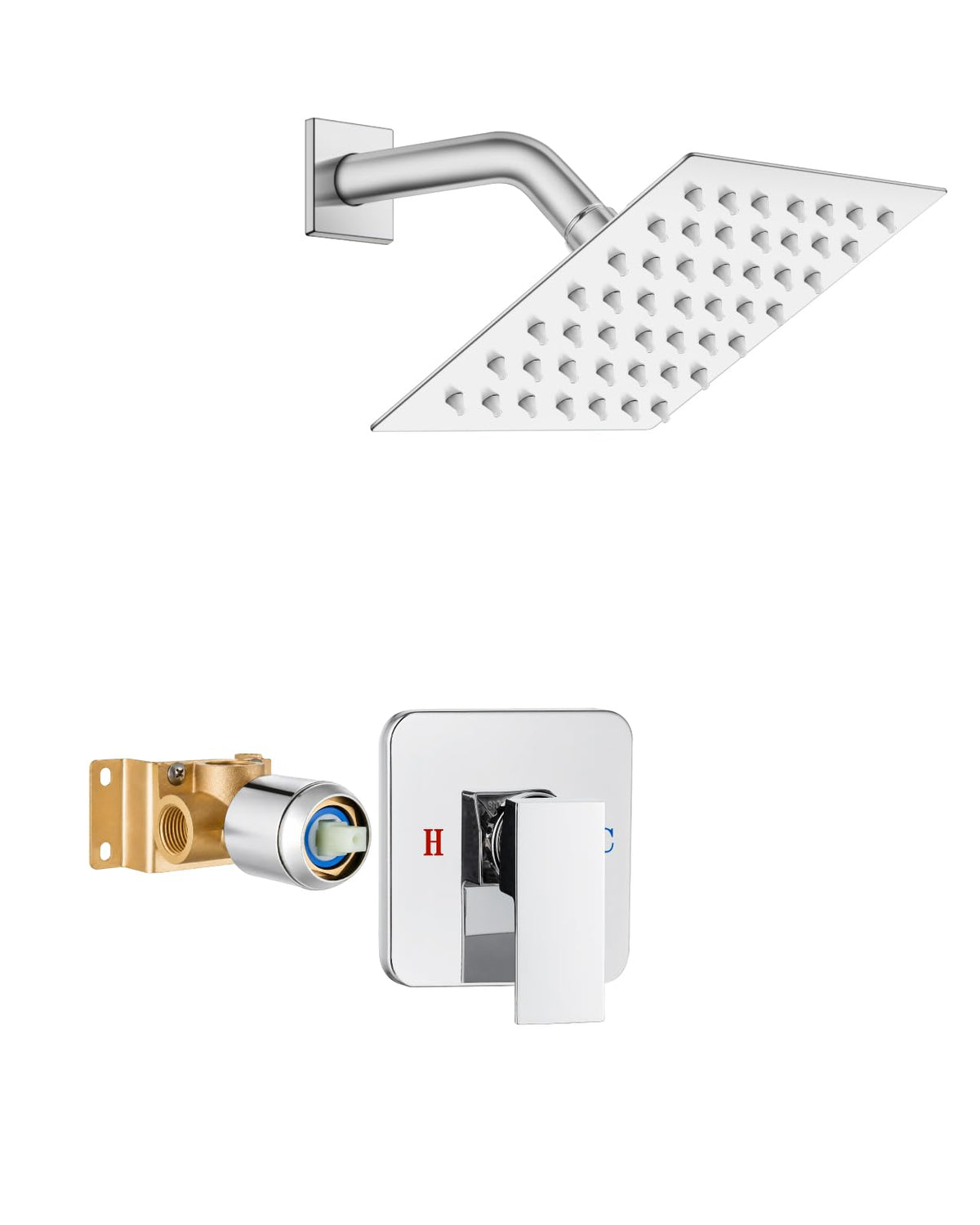Heyalan 8 Inch Square Rain Shower Faucet Set with Valve, Matte Black