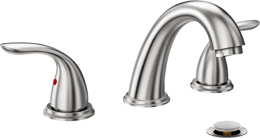 Phiestina 8 Inch 2 Handles 3 Holes Deck Mount Brushed Nickel Widespread Bathroom Faucet, with Stainless Steel Pop Up Drain, WF008-5-BN