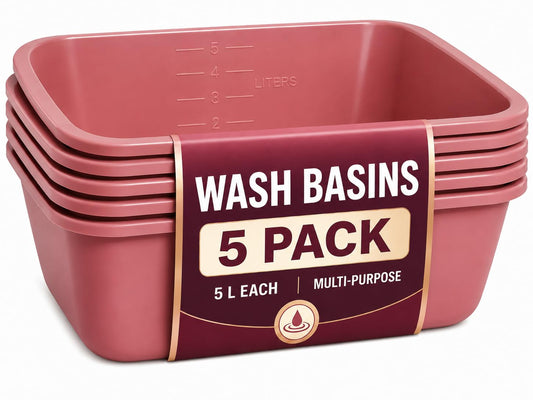 Plastic Wash Basin 5 Pack - 5 Liter Rectangle Plastic Tub with Rolled Rim - Good for Washing Limbs and Carrying Liquid - Good for Hospitals, Nursing Homes, and Medical Facilities
