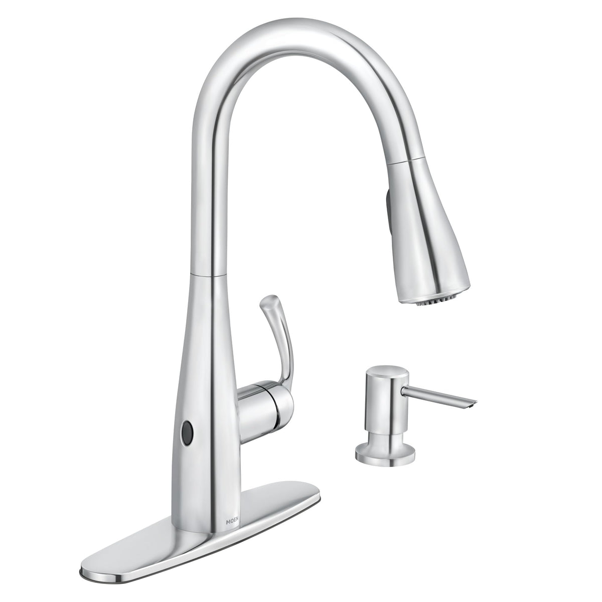 Moen Essie Spot Resist Stainless Pulldown Sprayer Kitchen Sink Faucet Set with Modern Pump Soap Dispenser, 87014SRS