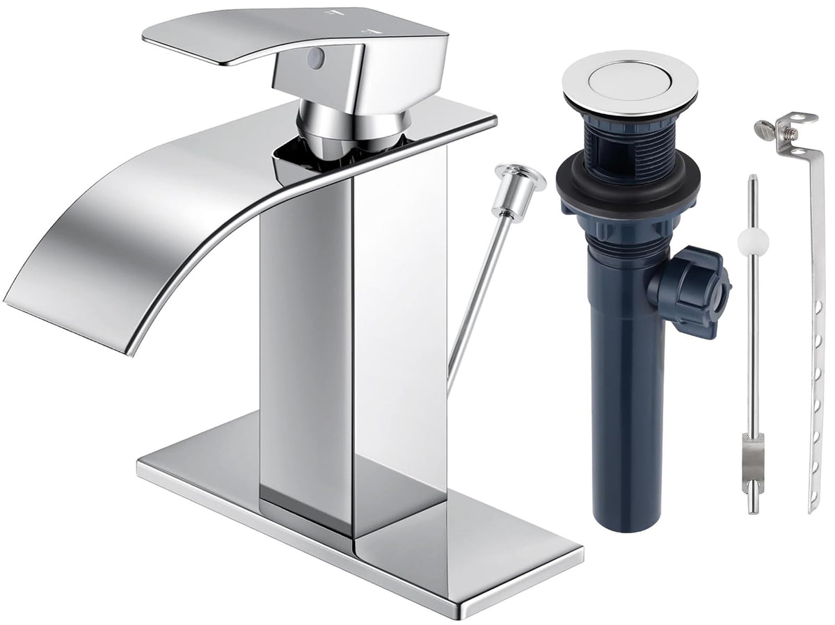 Matte Black Bathroom Faucet with Waterfall Spout and Pop-up Drain