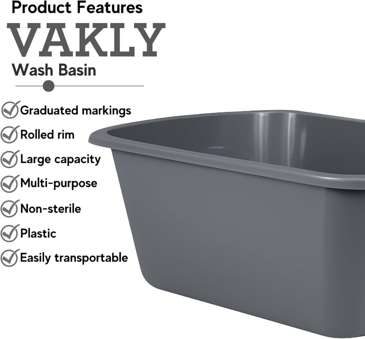 Vakly Plastic Wash Basin, 7 Qt, Rectangular, Graduated, 20 Pack