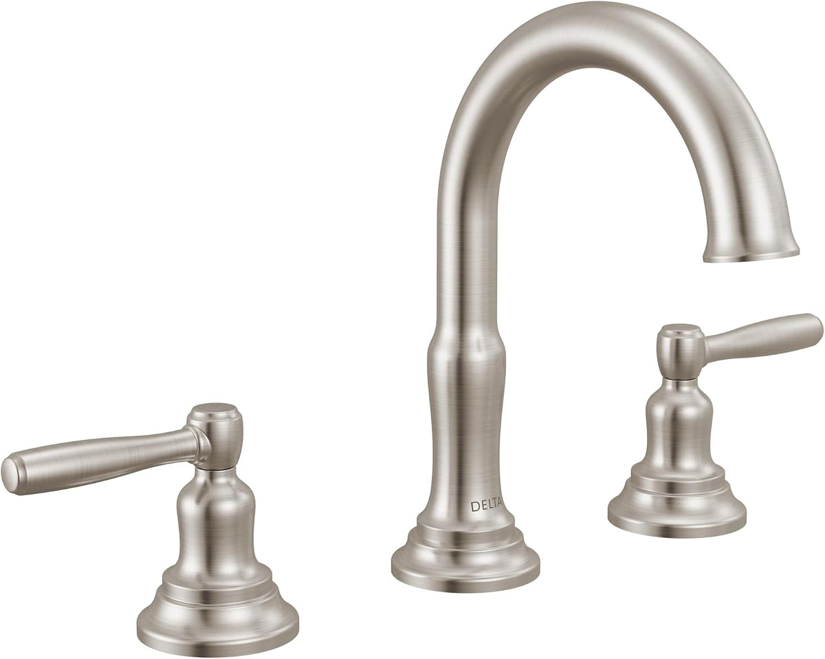 Delta Roe Brushed Nickel Bathroom Faucet 3 Hole, 8 Inch Widespread Bathroom Sink Faucet for Vanity, Push-Pop Drain Assembly, Stainless 35985LF-SS