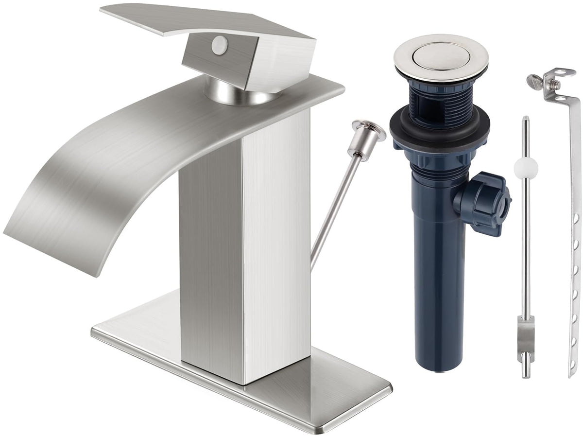 Matte Black Bathroom Faucet with Waterfall Spout and Pop-up Drain